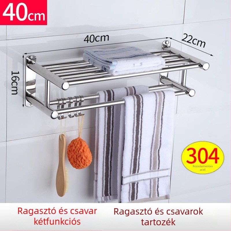 Törölközőtartó rozsdamentes acélból, fúrás nélküli felhelyezés, polírozott felület, fürdőszoba, modern minimalista stílus