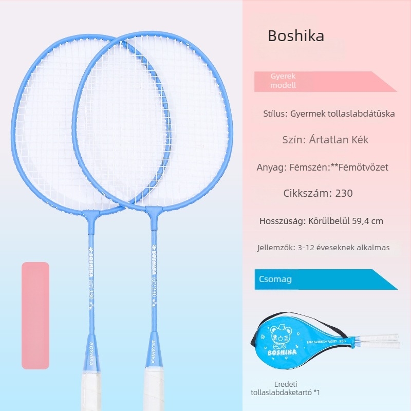 Gyerekeknek készült tollaslabda ütő, Bosska; váz: vasötvözet; húrok: nylon; gyerekeknek; nyelet merevsége: mérsékelt