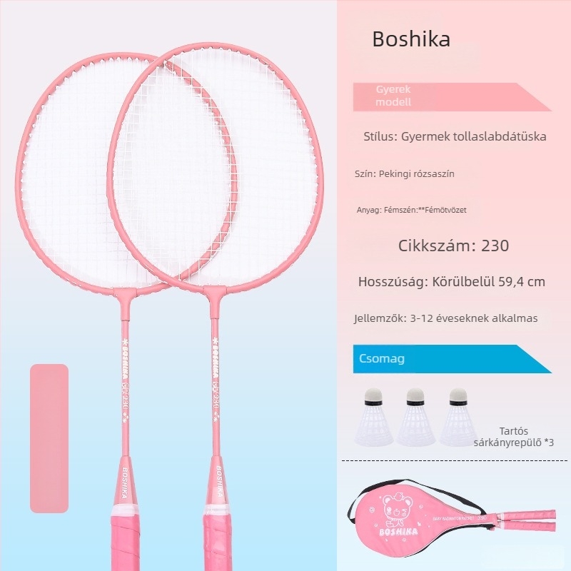 Gyerekeknek készült tollaslabda ütő, Bosska; váz: vasötvözet; húrok: nylon; gyerekeknek; nyelet merevsége: mérsékelt