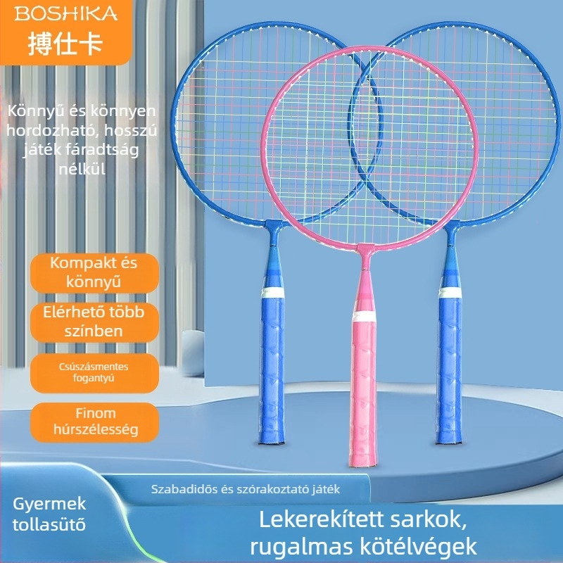 Gyerekeknek szánt tollaslabdaütő készlet személyre szabható opciókkal és nyomtatott logóval; váz vasötvözetből, nylon húrok, 50 pár