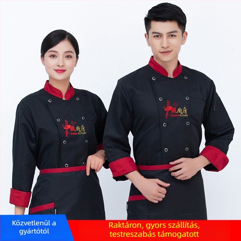 Férfi szakács egyenruha szállodákhoz — pamutkeverék, antiszennyező, hosszú ujjú, konyha/étterem, őszi-téli kínai stílus