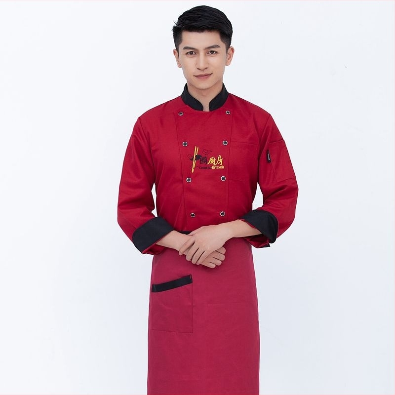 Férfi szakács egyenruha szállodákhoz — pamutkeverék, antiszennyező, hosszú ujjú, konyha/étterem, őszi-téli kínai stílus