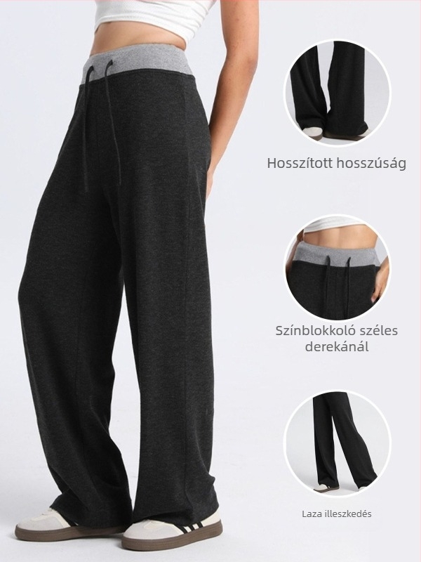 Női magas derekú patchwork sportnadrág, egyenes szabás, padlóig érő, drapírozott hatás, poliészter‑ rayon 12% és spandex 5% keverék, nagy rugalmasság