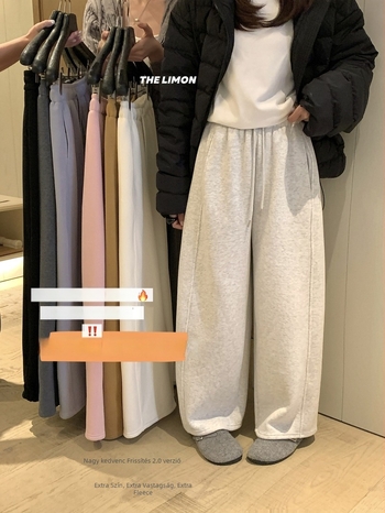 Kényelmes pamutnadrág, magas derékrész, vastag fleece bélés, ívelt szabás, egyenes szár, japán-koreai casual stílus, téli 2025