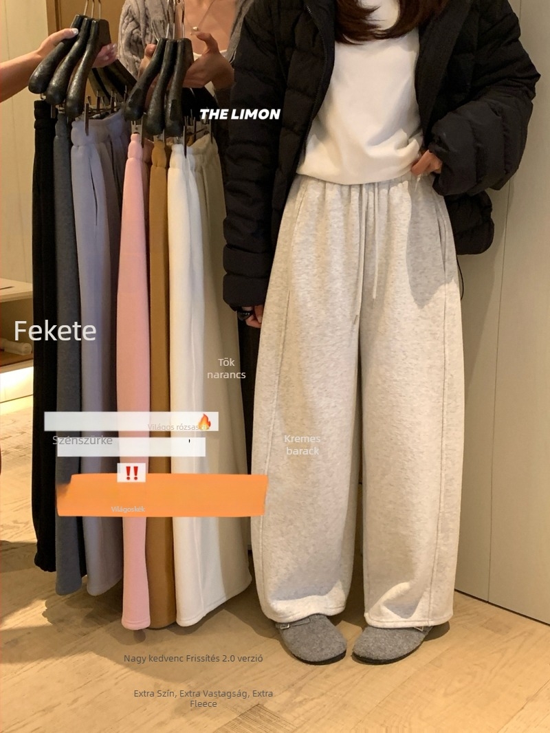 Kényelmes pamutnadrág, magas derékrész, vastag fleece bélés, ívelt szabás, egyenes szár, japán-koreai casual stílus, téli 2025