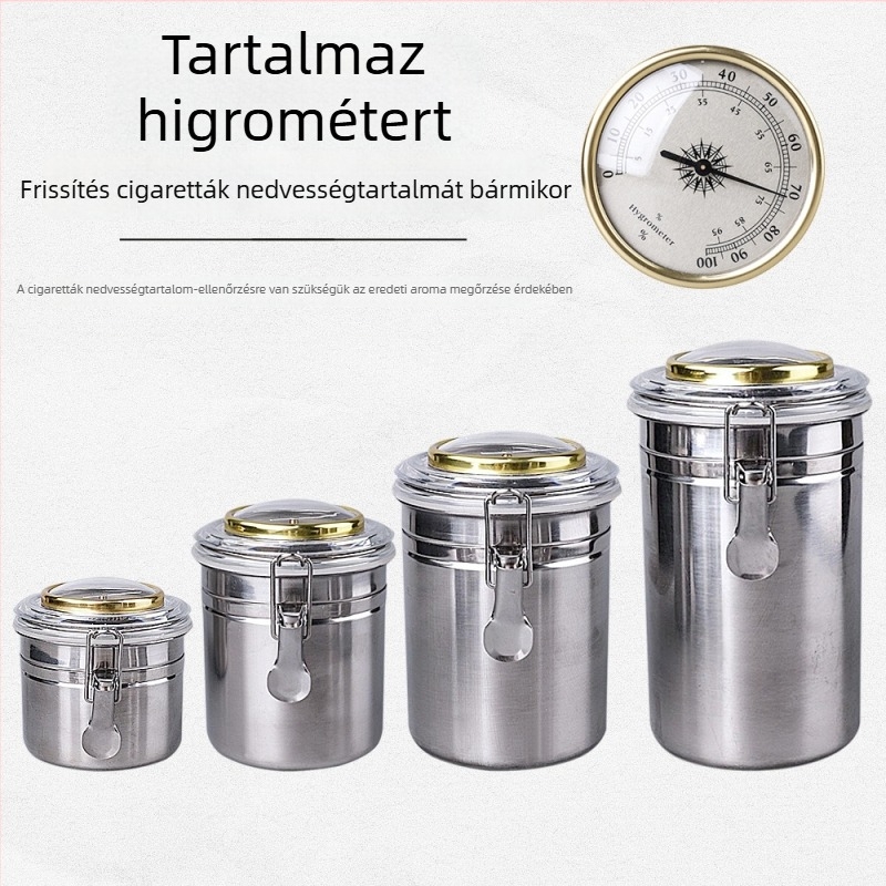 Muxiang rozsdamentes acél dohány nedvesítő üveg higrométerrel, zárható