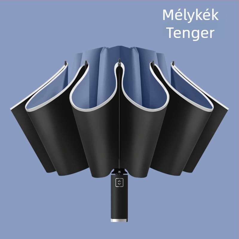 10 bordás visszaforduló esernyő, automata nyitás, reflexes él és világító csík, logónyomtatás és testreszabás