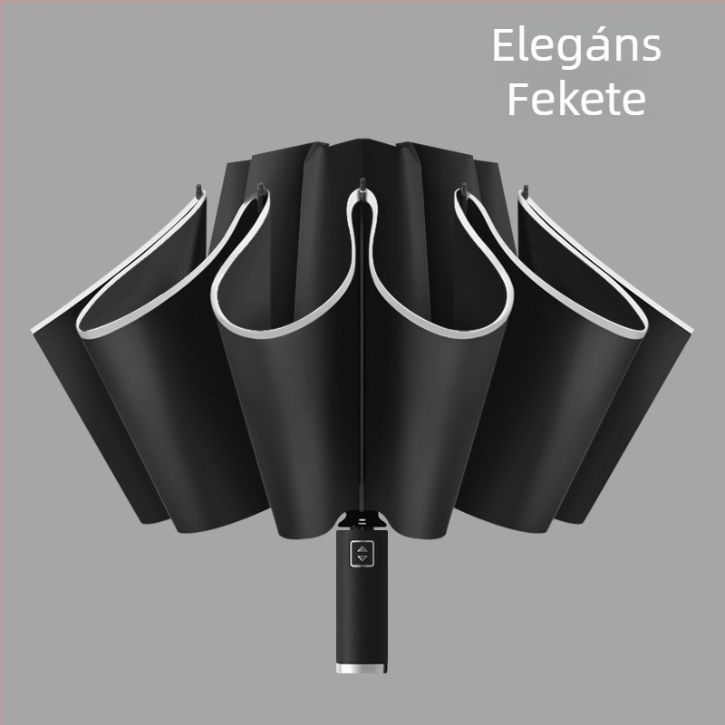 10 bordás visszaforduló esernyő, automata nyitás, reflexes él és világító csík, logónyomtatás és testreszabás