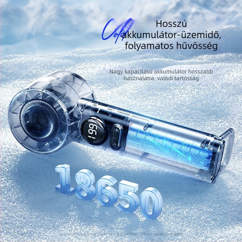 Kézben tartható mini ventilátor, 6 sebességű légáram, beépített 1200–2000 mAh akkumulátor, újratölthető, 3 lapát, csendes működés (<36 dB), 5V tápegység