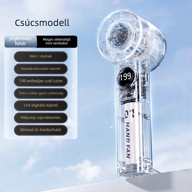 Kézben tartható mini ventilátor, 6 sebességű légáram, beépített 1200–2000 mAh akkumulátor, újratölthető, 3 lapát, csendes működés (<36 dB), 5V tápegység