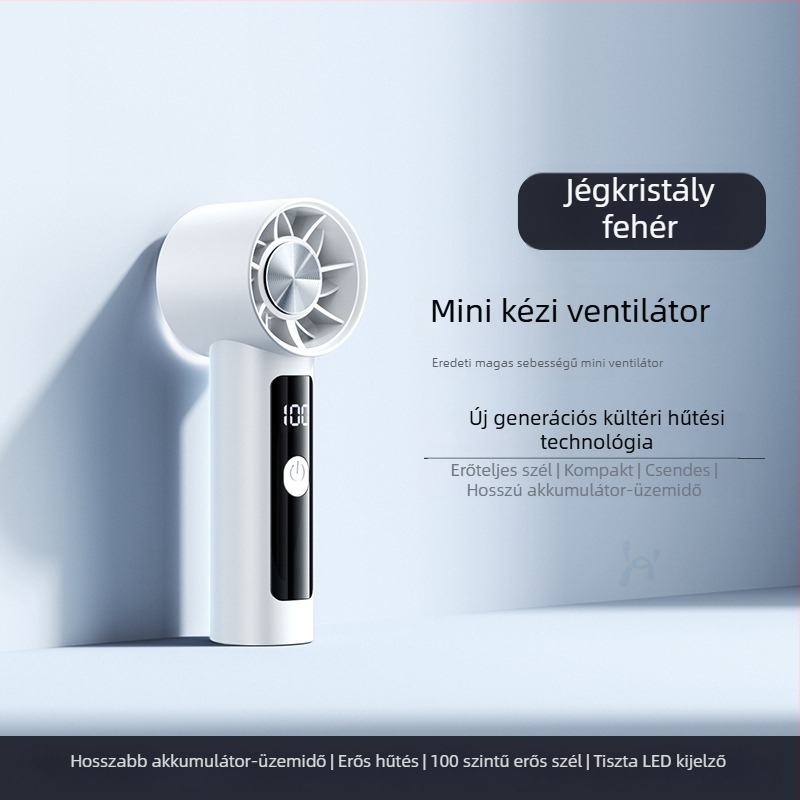 Kézben tartható mini ventilátor, 6 sebességű légáram, beépített 1200–2000 mAh akkumulátor, újratölthető, 3 lapát, csendes működés (<36 dB), 5V tápegység