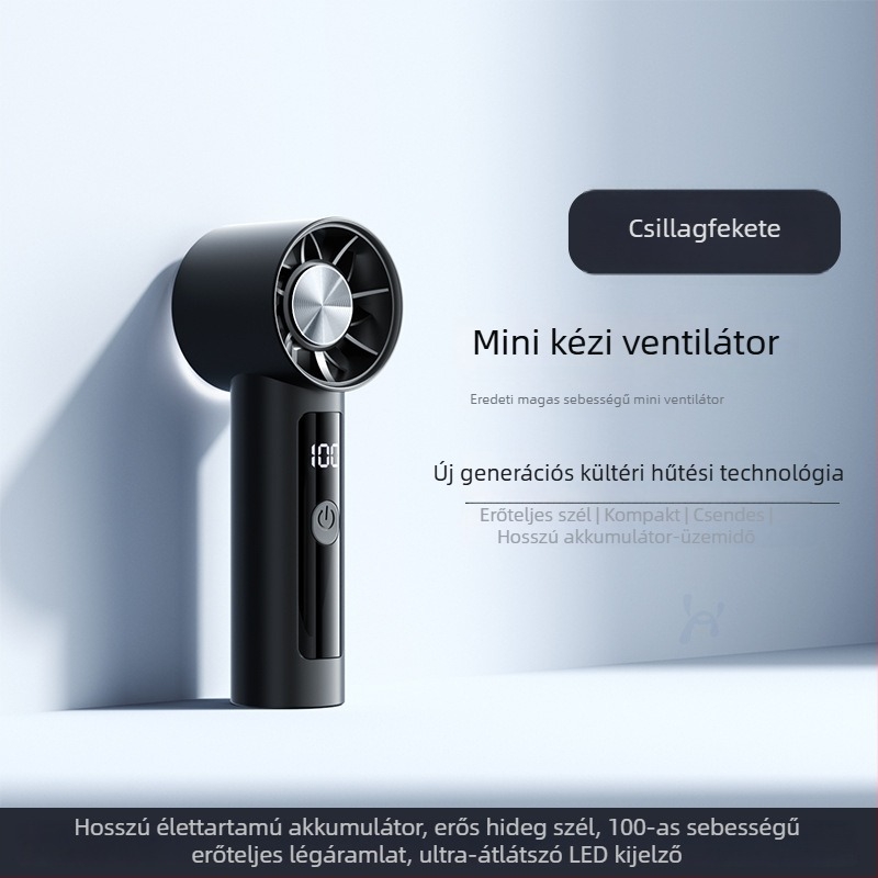 Kézben tartható mini ventilátor, 6 sebességű légáram, beépített 1200–2000 mAh akkumulátor, újratölthető, 3 lapát, csendes működés (<36 dB), 5V tápegység