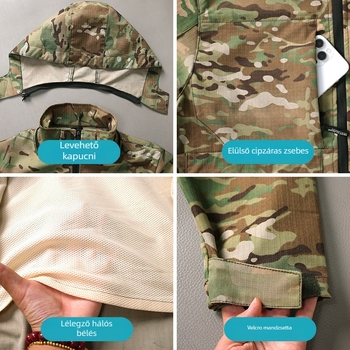 Kültéri taktikai kabát férfiaknak, kamuflázs, légáteresztő és kopásálló, anyag: szintetikus rost keverék, tavasz–ősz