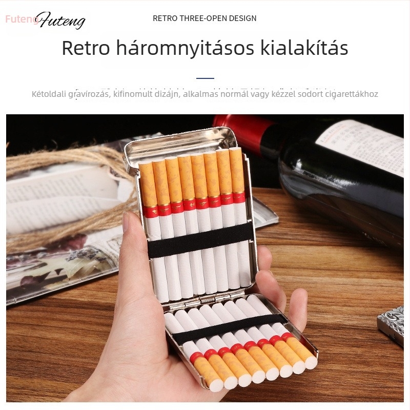 Ötvözetből készült cigarettatárca, három rekesz, klasszikus európai faragott stílus, könnyed luxus