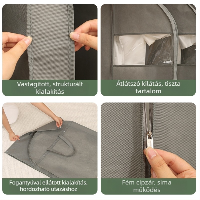 PEVA anyagú ruhaszsák átlátszó ablakkal, egyszerű modern stílusban; PEVA anyag; öltöny, palto, tollkabát és menyasszonyi ruha számára; por- és nedvesség elleni védelem; utazáshoz vagy hálószobai tároláshoz.