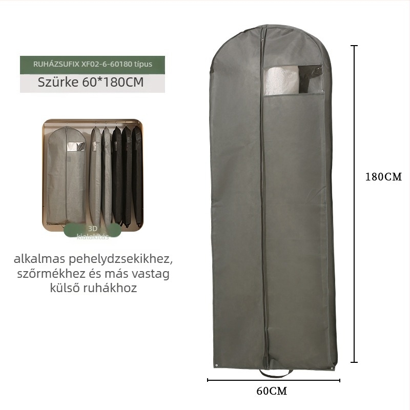 PEVA anyagú ruhaszsák átlátszó ablakkal, egyszerű modern stílusban; PEVA anyag; öltöny, palto, tollkabát és menyasszonyi ruha számára; por- és nedvesség elleni védelem; utazáshoz vagy hálószobai tároláshoz.