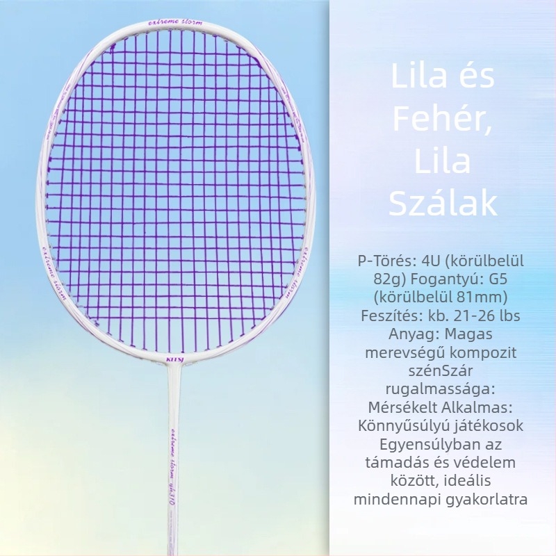 Badminton ütő – karbon rostból készült váz, súly 85–89 g, közvetlen ütés, kezdőknek megfelelő