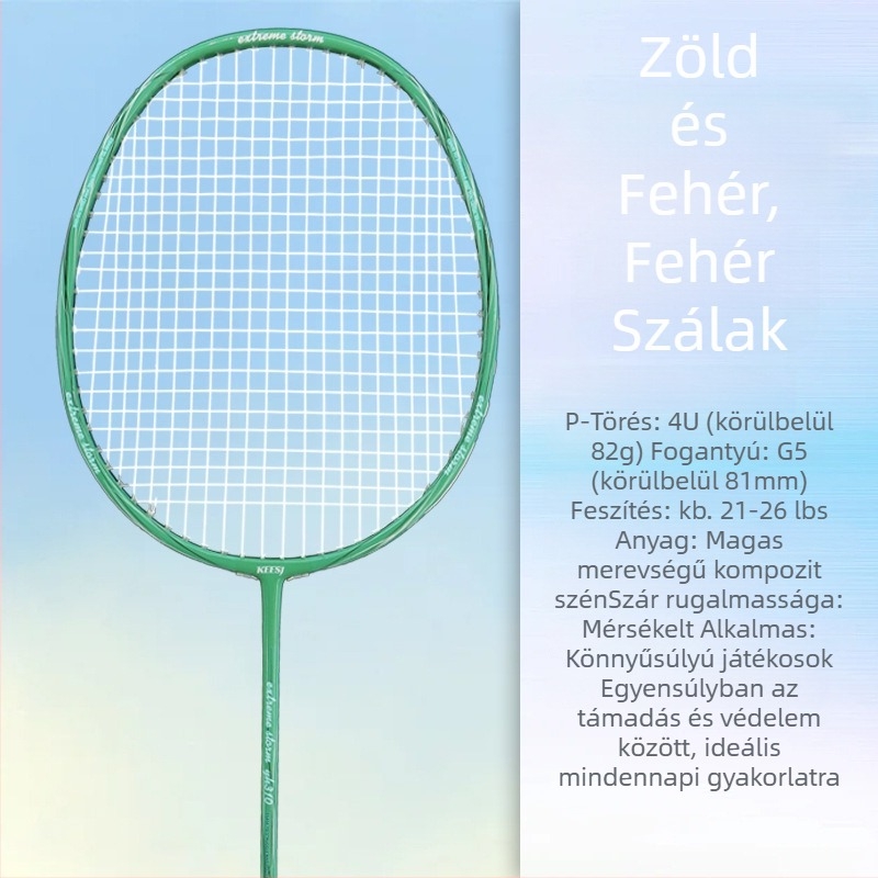 Badminton ütő – karbon rostból készült váz, súly 85–89 g, közvetlen ütés, kezdőknek megfelelő