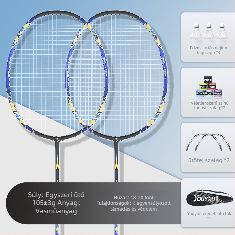 Badminton ütő – Ferroötvözet keret – Tömeg 95–100 g – Ütőtípus: közvetlen ütés – Hálóanyag: nylon – Logónyomtatás: lehetséges – Amatőr és junior játékosok számára