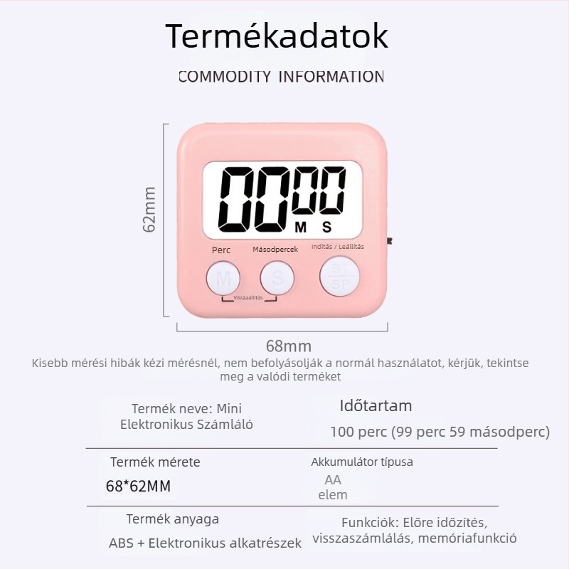 Kaitai KT digitális időzítő ébresztővel és kronográffal, LED kijelző, akkumulátoros működés, ABS ház, téglalap alakú