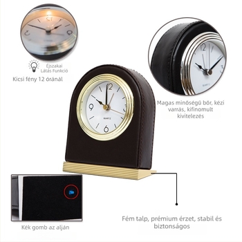 Szállodai szobai ébresztőóra PU bőr házban, Seiko mechanikus mozgatás, LED kijelző analóg és digitális olvasással, éjszakai világítás, kronográf, 24 órás kijelzés