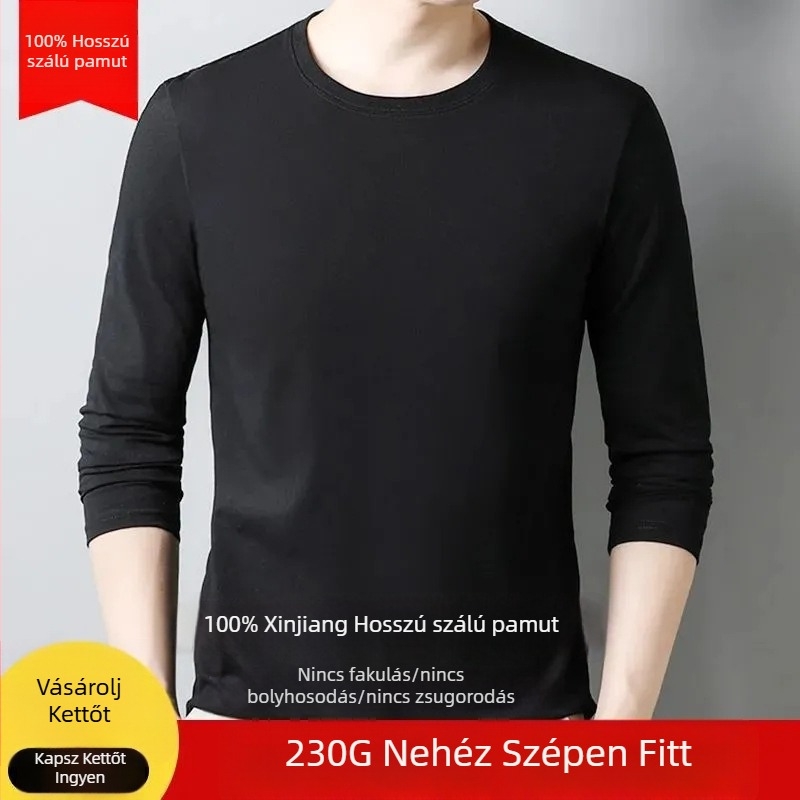 Férfi slim-fit pamut hosszú ujjú felső, kerek nyakú, karcsú szabás, vastag anyag, 96%+ pamut.