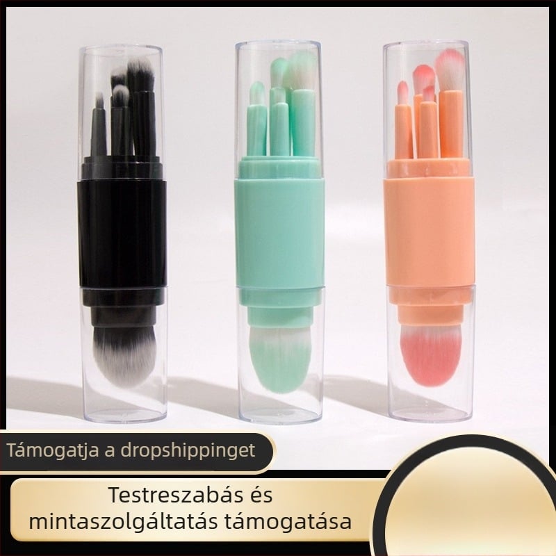Öt részes sminkecsetkészlet, nylon sörtéjű, műanyag nyélek, hordozható fedővel, teljes hossz 14 cm, tartalmaz púder ecsetet és szemhéj ecsetet