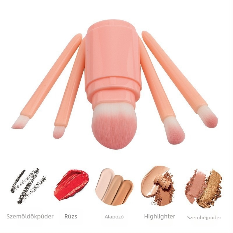 Öt részes sminkecsetkészlet, nylon sörtéjű, műanyag nyélek, hordozható fedővel, teljes hossz 14 cm, tartalmaz púder ecsetet és szemhéj ecsetet