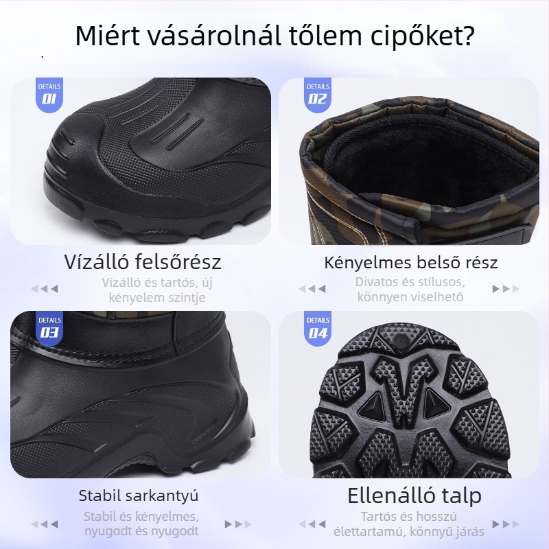 Férfi téli hócsizma, magas szárú, vízálló, terepmintás, felsőrész szintetikus bőrből
