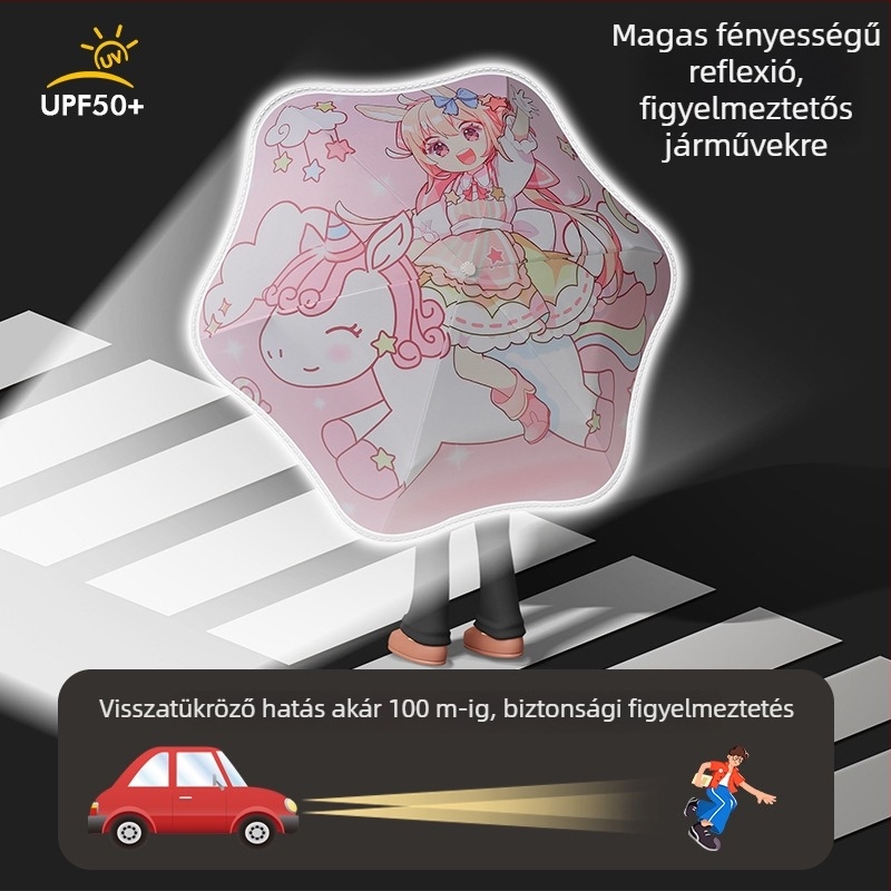 Gyerekeknek automata nap- és esőálló esernyő – 6 rostos váz, 190T vinil vászon, UPF50+, műanyag nyél