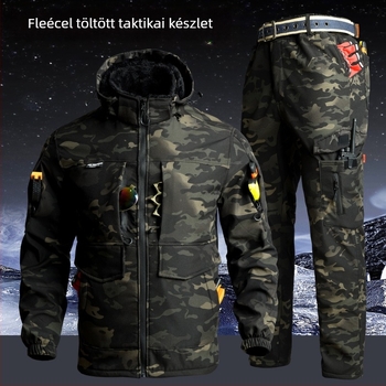 Kamuflážs fleece munkaruha készlet, szélvédett és meleg téli dzseki és nadrág, pamut-keverék anyag