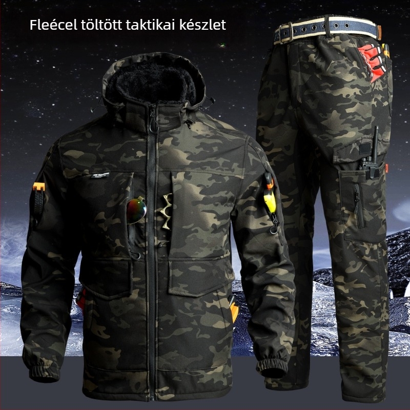 Kamuflážs fleece munkaruha készlet, szélvédett és meleg téli dzseki és nadrág, pamut-keverék anyag