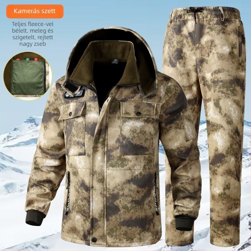 Kamufláž mintázatú téli–ősz munkaruha készlet fleece béléssel, poliészter, meleg és kopásálló, uniszex