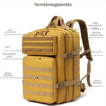 Taktikai hátizsák szabadtéri túrákhoz - vízálló, kopásálló, nagy kapacitású, légpárnás vállpántok, katonai mintás kamuflázs