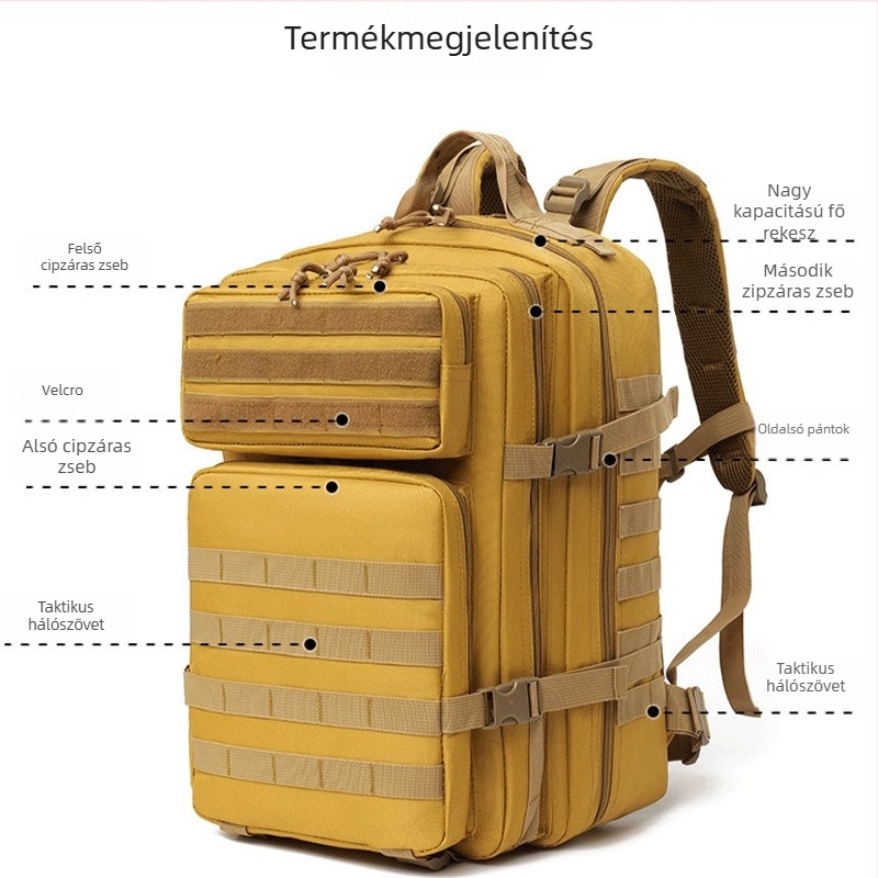 Taktikai hátizsák szabadtéri túrákhoz - vízálló, kopásálló, nagy kapacitású, légpárnás vállpántok, katonai mintás kamuflázs