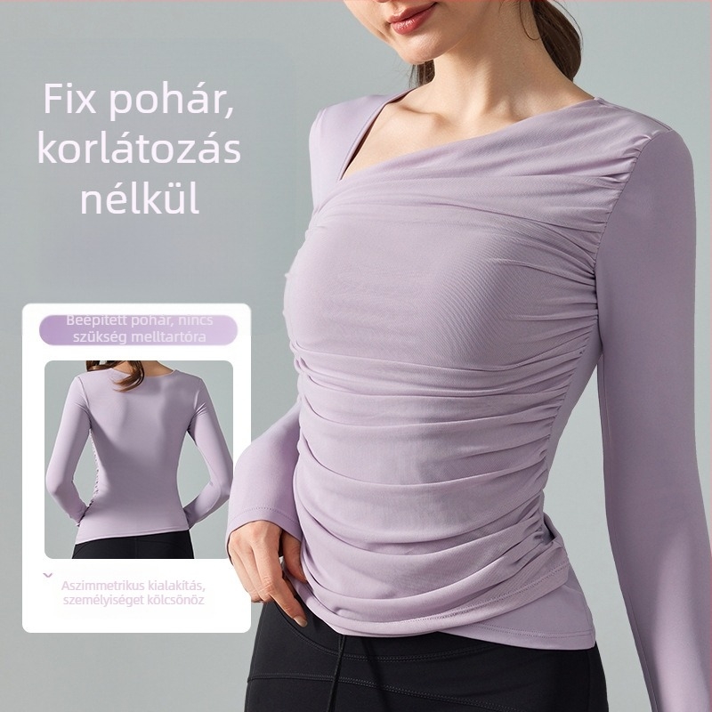 Női hosszú ujjú jóga felső beépített melltartóbetéttel, ferde gallérral és szabálytalan dizájnnal; nylon-spandex anyag és spandex bélés