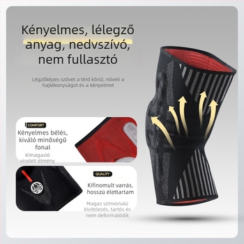 Térdvédők – kötött nylonból készült térdvédővel, szilikon géllel, latexzsinórral és rugóval; alkalmas minden sportágra; tömeg 144 g