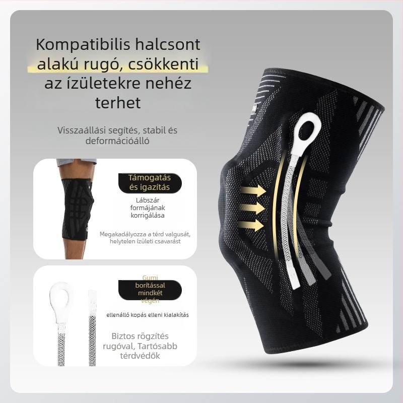 Térdvédők – kötött nylonból készült térdvédővel, szilikon géllel, latexzsinórral és rugóval; alkalmas minden sportágra; tömeg 144 g