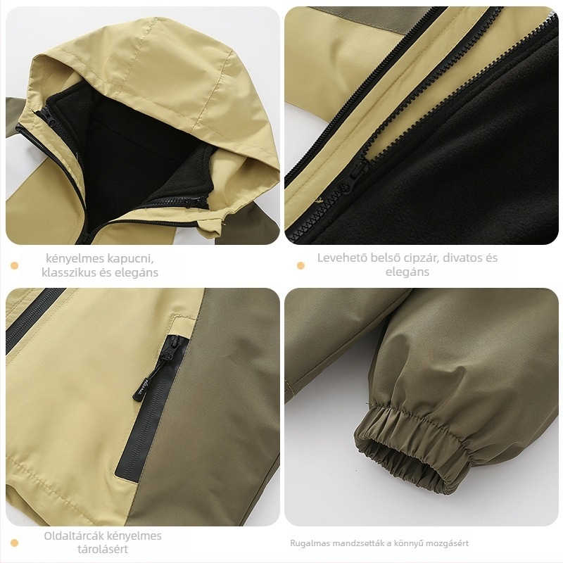 3-in-1 gyerek téli kabát fleece béléses, kapucnival, cipzáras zárású poliészter külsővel