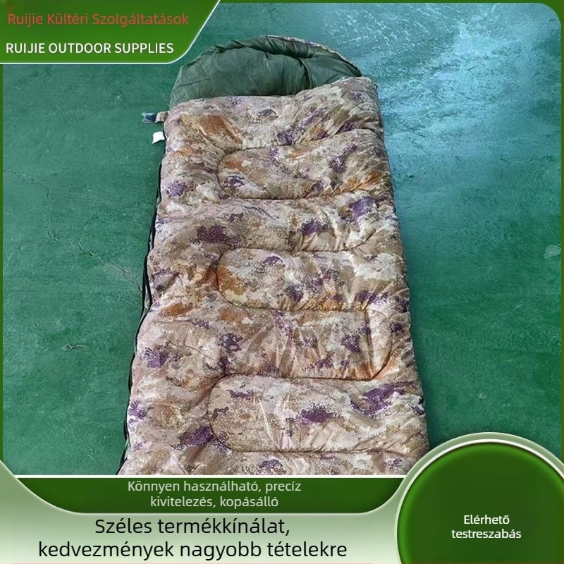 Felnőtteknek szóló boríték típusú hálzsák, üreges pamut töltet, poliészter bélés, poliészter szövet, boríték típusú felépítés, súly 1-3 kg