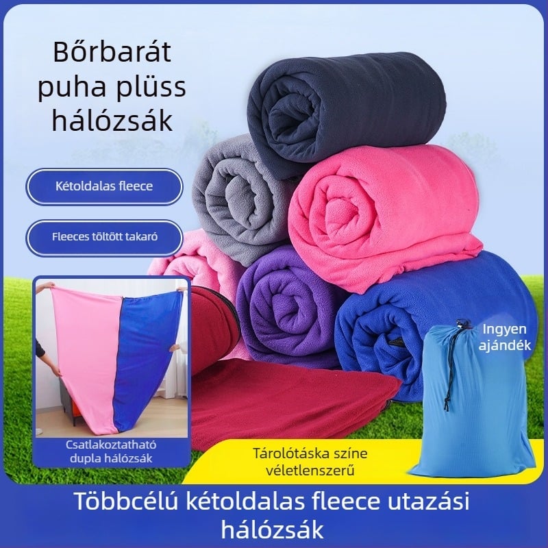 Envelope-stílusú fleece hálózsák kültéri használatra, velúr bélés, polár fleece anyag, felnőtteknek, 600 g