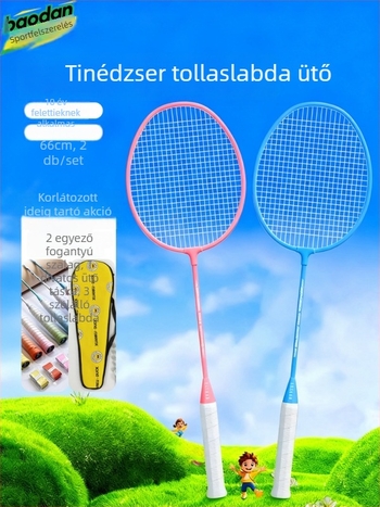 Badmintonütő, vasötvözet keret, nylon huzalok, súly 95–100 g, egyenes nyél, közepes merevség