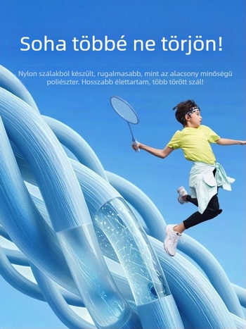 Badmintonütő, vasötvözet keret, nylon huzalok, súly 95–100 g, egyenes nyél, közepes merevség