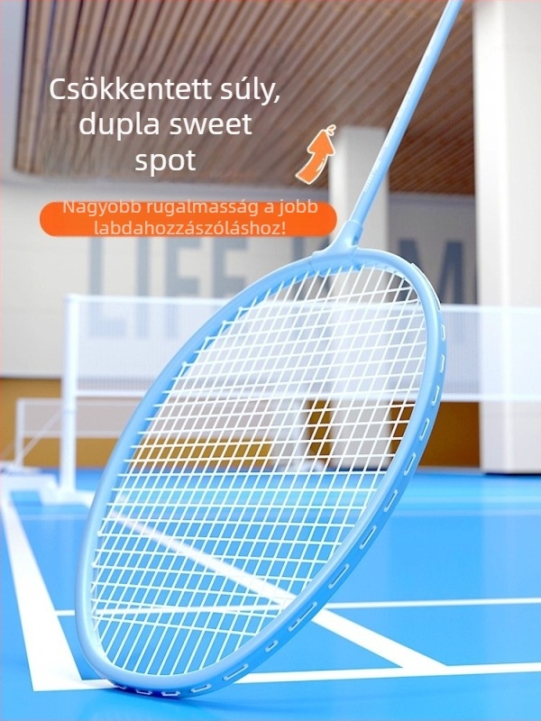 Badmintonütő, vasötvözet keret, nylon huzalok, súly 95–100 g, egyenes nyél, közepes merevség