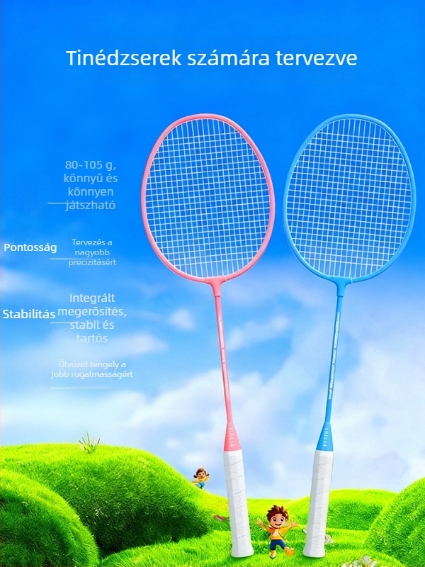 Badmintonütő, vasötvözet keret, nylon huzalok, súly 95–100 g, egyenes nyél, közepes merevség