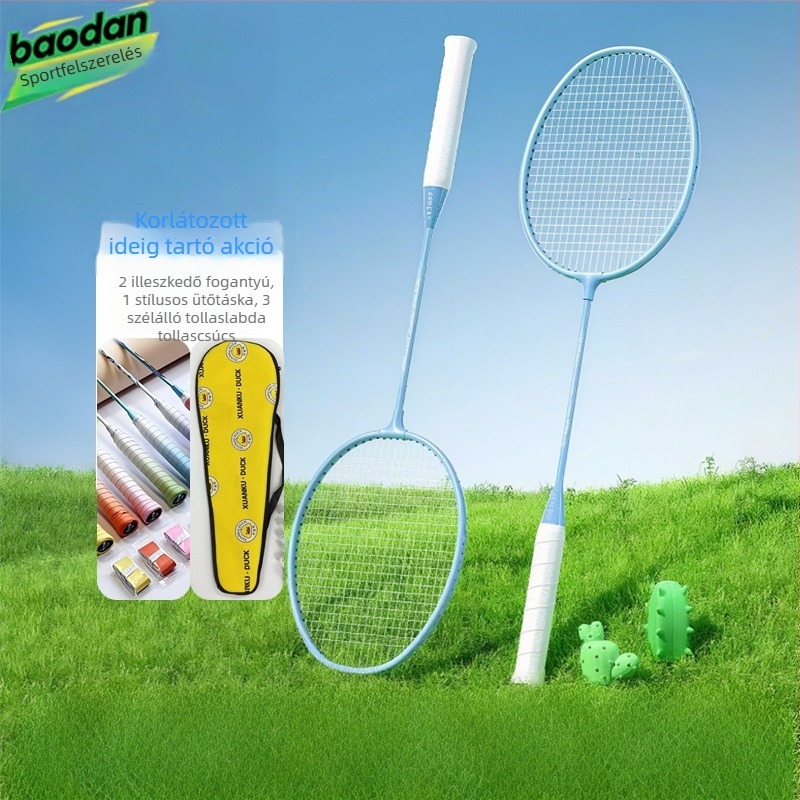 Badmintonütő, vasötvözet keret, nylon huzalok, súly 95–100 g, egyenes nyél, közepes merevség