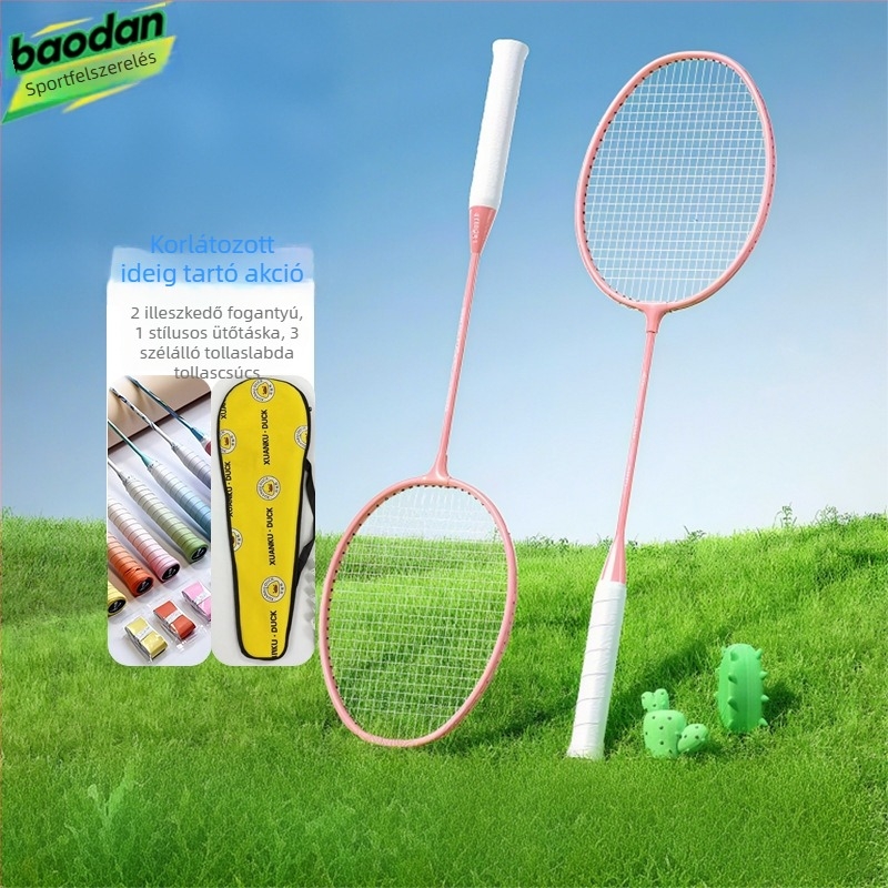 Badmintonütő, vasötvözet keret, nylon huzalok, súly 95–100 g, egyenes nyél, közepes merevség