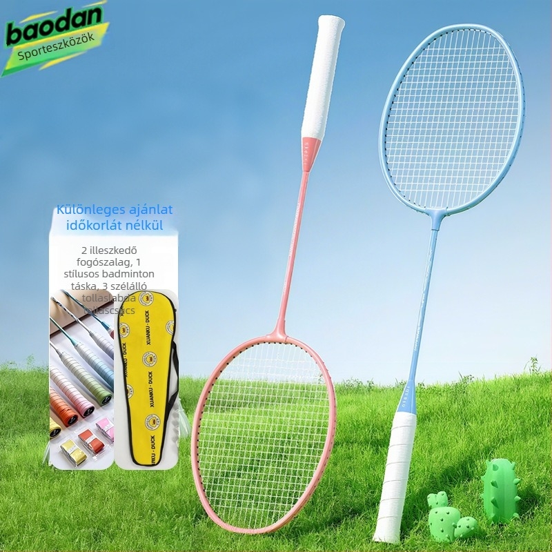 Badmintonütő, vasötvözet keret, nylon huzalok, súly 95–100 g, egyenes nyél, közepes merevség