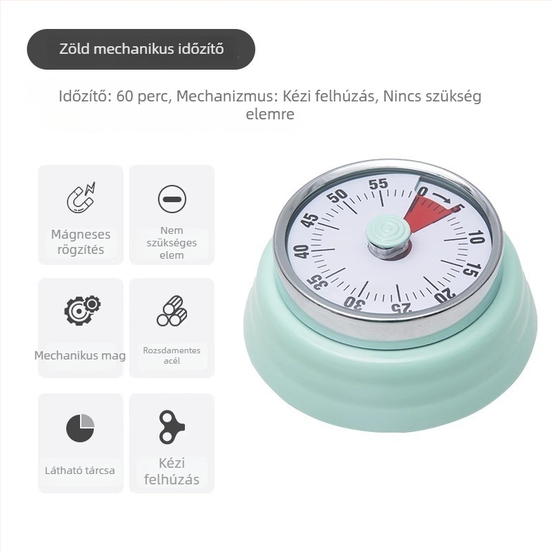 Mechanikus vizuális időmérő mágneses rögzítéssel konyhához és tanuláshoz – kerek ABS ház, kézi működtetés, mutatós kijelző, stopperóra