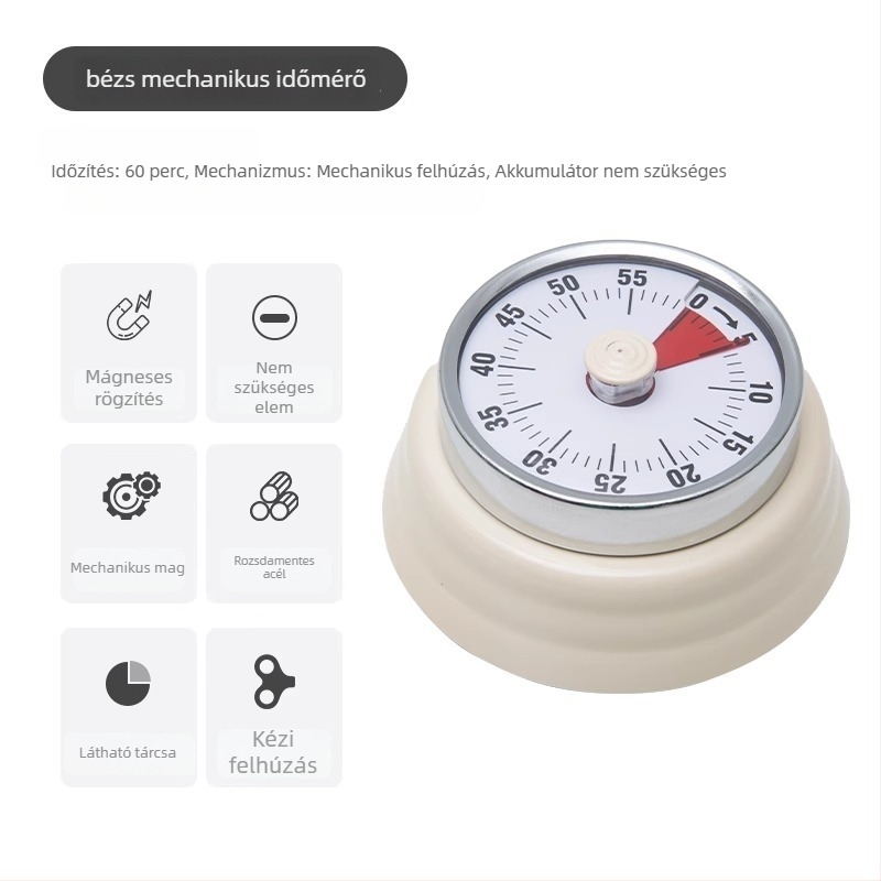 Mechanikus vizuális időmérő mágneses rögzítéssel konyhához és tanuláshoz – kerek ABS ház, kézi működtetés, mutatós kijelző, stopperóra